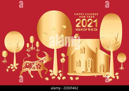 Frohes chinesisches neues Jahr 2021 des Ochsen. Gold Tierkreis Zeichen, Gold Baum und Haus für Grußkarte, Einladung, Plakate, Broschüre, Kalender, Flyer, Bann Stock Vektor