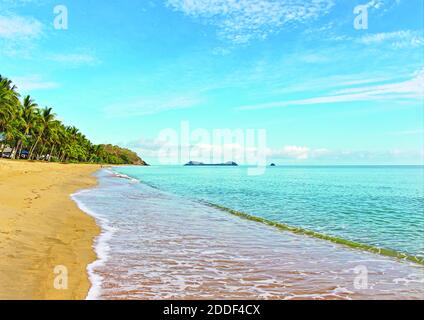 Die tropische Strandlandschaft mit blauem Himmel, Palmen und dem Meereswasser, das vom Trinity Beach aus gesehen wird, mit Blick nach Norden in Richtung Palm Cove und den Inseln vor der Küste Stockfoto