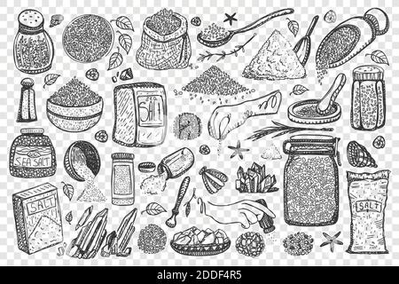 Salz-Doodle-Set. Sammlung von Kochen Gewürze Meer salzige Gewürze in Behältern und Salzkeller Boxen isoliert auf transparentem Hintergrund. Pfefferstreuer und Granulate in der Küche Illustration Stock Vektor