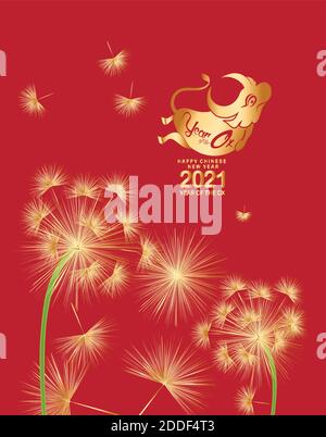 Frohes chinesisches neues Jahr 2021 des Ochsen. Gold Sternzeichen, Gold Flying Löwenzahn Samen und asiatische Elemente Hintergrund für Grußkarte, Einladung, Pos. Stock Vektor