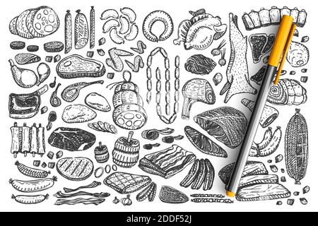 Fleisch-Doodle-Set. Sammlung von Lebensmittelgeschäft Lamm Schwein Kuh Steak Roastbeef Wurst Huhn Speck Rippen für Grill bbq isoliert auf weißem Hintergrund. Tierisches Produkt Lebensmittel Mahlzeit Grill Scheiben Illustration. Stock Vektor