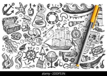 Piraten-Doodle-Set. Sammlung von Meer Ozean Symbole Schatzkarte Gold Brust Schiff Meerjungfrau Wal Rum Seemann auf weißem Hintergrund isoliert. Corsairs kostenlos marine life Illustration. Stock Vektor