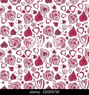 Zartes rosa Muster Liebe und Rosen. Nahtloses Muster mit zarten rosa Blüten - Rosen und vielen verschiedenen Herzen auf weißem Hintergrund. Aquarell Stockfoto