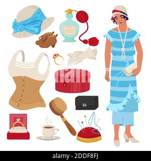 Victorian Lady Set, flache Vektor isoliert Illustration. Englische Damenbekleidung und Accessoires. Stock Vektor