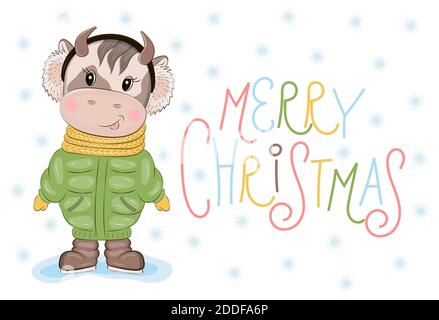 Cartoon Stier Vektor als 2021 Weihnachten, Neujahr Einladung. Niedliche Baby Kuh trägt grünen Mantel. Dunkle Stiefel. Poster, Aufkleber, Postkarte, T-Shirt illust Stock Vektor