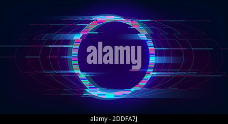 Glitch Circle. Verzerrt glühenden Kreis Cyberpunk Stil. Futuristische runde Form mit TV-Interferenz-Effekt. Design für Promo-Musik-Events, Spiele, Web Stock Vektor