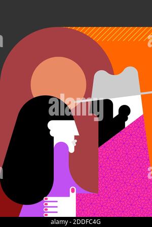 Erwachsene Paar sagen Auf Wiedersehen Vektor Illustration. Flaches Design Vintage-Stil Illustration von Mann im Anzug und Frau im Kleid Blick auf einander. Stock Vektor
