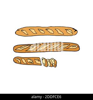 Vektor handgezeichnetes buntes Baguette. Französisches Gericht. Design Skizzenelement für Menü Café, Bistro, Restaurant, Bäckerei, Etikett und Verpackung. Illust Stock Vektor