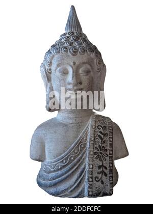 Keramik buddha Figur isoliert auf weißem Hintergrund. Traditionelles Glück des Ostens. Meditierende und betende Statue. Symbol des buddhismus. Stockfoto