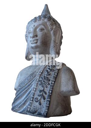 Keramik buddha Figur isoliert auf weißem Hintergrund. Traditionelles Glück des Ostens. Meditierende und betende Statue. Symbol des buddhismus. Stockfoto