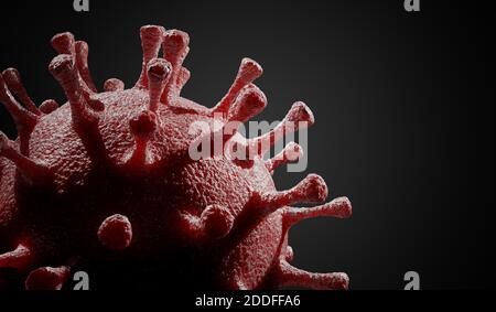 Nahaufnahme des Virus, der die COVID-19-Krankheit verursacht, auf schwarzem Hintergrund. 3D-Darstellung. Stockfoto