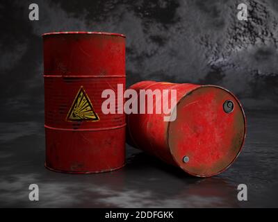 3D-Rendering von roten Metallfässern mit explosivem Material Stockfoto