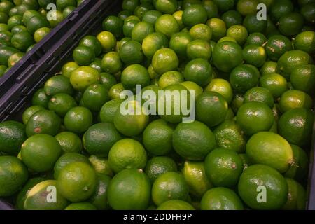 Eine Nahaufnahme von frischen Limetten in Schachteln in einem Markt Stockfoto