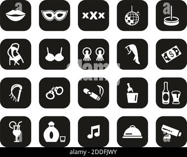 Strip Club Icons Weiß Auf Schwarz Flat Design Set Groß Stock Vektor
