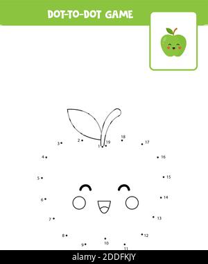 Dot to dot Spiel mit niedlichen kawaii Apfel. Verbinden Sie die Punkte. Mathe-Spiel. Punkt- und Farbbild. Stock Vektor