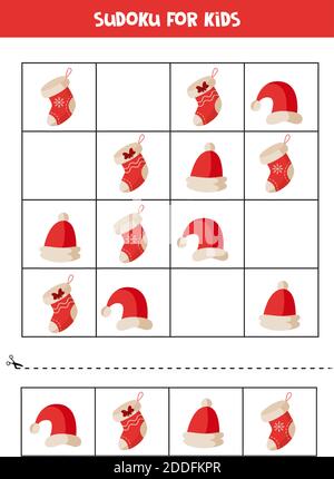 Sudoku Puzzle mit Weihnachtssocken und Hüten. Logisches Arbeitsblatt zum Bildungswesen. Stock Vektor