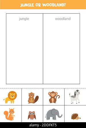 Dschungel oder Waldtiere. Sortierspiel für Kinder im Vorschulalter. Logisches Arbeitsblatt zum Bildungswesen. Stock Vektor