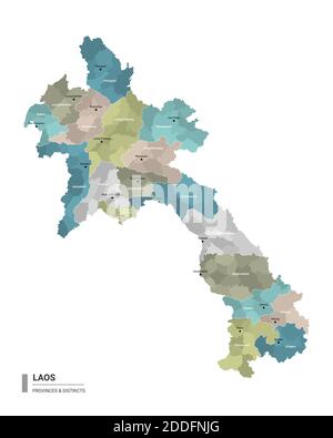 Laos hat detaillierte Karte mit Unterteilungen. Verwaltungskarte von Laos mit Bezirken und Stadtnamen, farbig nach Bundesstaaten und Verwaltungsbezirken. V Stock Vektor