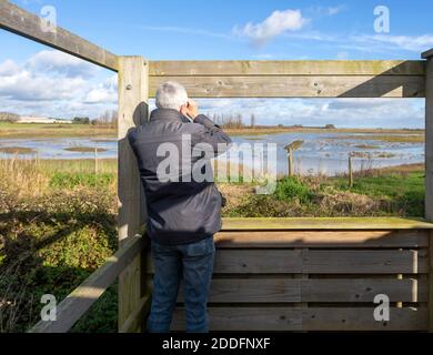 Männliche Vogelbeobachter Ornithologe mit Fernglas verstecken sich bei RSPB Hollesley Marshes, Suffolk, England, UK Stockfoto