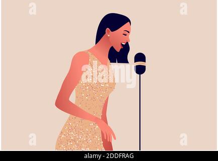 Elegante Frauen in roten Kleid singen im Mikrofon Stock Vektor