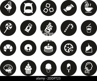 Zucker Oder Zucker Food & Drink Icons Weiß Auf Schwarz Flaches Design Kreis Set Groß Stock Vektor