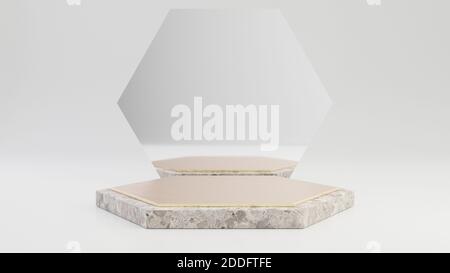 Stein Marmor Podium mit Gold-Platte isoliert auf weißem Hintergrund. minimalistisches abstraktes 3D-Hintergrundkonzept für die Produktplatzierung. Stockfoto