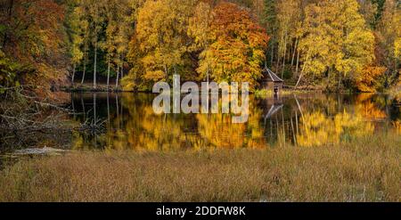 Bootshaus und Wald spiegeln sich in stillen Gewässern des Loch Dunmore, in der Nähe von Pitlochry in den schottischen Highlands. Stockfoto