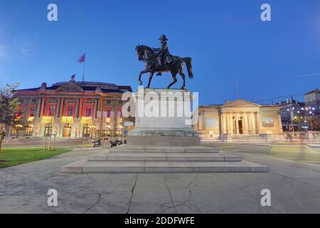 General Dufour Statue, große Oper und Rath Museum am Place de Neuve, Genf, Schweiz - HDR Stockfoto