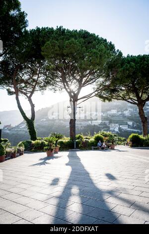 Der Blick über den Hauptplatz der Stadt mit dem Sonnenlicht, das durch die hohen Bäume in der Stadt Ravello, Amalfiküste, Italien kommt. Stockfoto