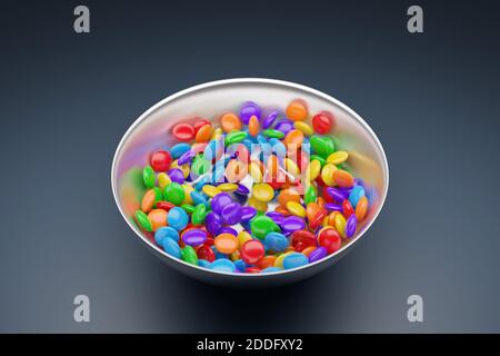 3d-Illustration von kleinen Glasplatten mit buntem Kaugummi auf grauem Hintergrund. Ein Genuss für die Kinder. Stockfoto