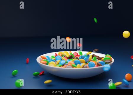 3d-Illustration von kleinen Glasplatten mit buntem Kaugummi auf blauem Hintergrund. Ein Genuss für die Kinder. Süßigkeiten sind in der Nähe verstreut Stockfoto