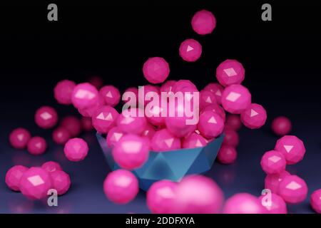 3D-Darstellung einer großen Platte mit leuchtend rosa Kugeln mit vielen Gesichtern, die in verschiedene Richtungen auf einem schwarzen Hintergrund streuen. Futuristisches Origami. Stockfoto