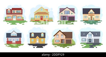 Setzen Sie stilvolle Haus gegen den Himmel und andere Elemente der Umwelt. Haus in einem flachen Stil. Vektorgrafik Stock Vektor