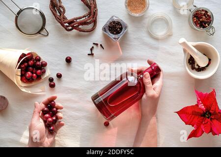 Hausgemachte alkoholische Getränke Vorbereitung. Flach auf Preiselbeertinktur mit Ethanol, Beeren und Gewürzen legen. Stockfoto