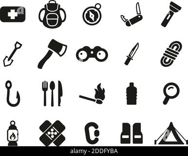 Survival Kit Icons Schwarz-Weiß Set Groß Stock Vektor