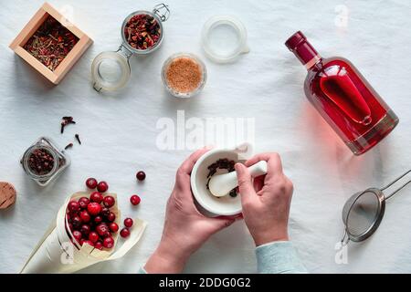 Hausgemachte alkoholische Getränke Vorbereitung. Flach auf Preiselbeertinktur mit Ethanol, Beeren und Gewürzen legen. Stockfoto