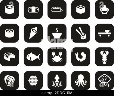 Sushi Icons Weiß Auf Schwarz Flat Design Set Groß Stock Vektor