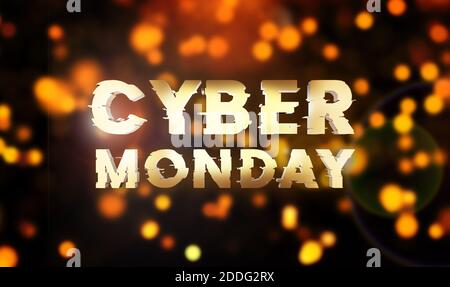 Cyber monday Verkauf Gold Banner. Cyber-Angebot Online-Verkauf Veranstaltung. 3D-Rendering. Glitzer funkelt und Text Cyber montag. Stockfoto