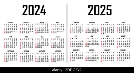 Kalender 2024-2025. Die Woche beginnt am Sonntag. Einfache Kalendervorlage. Hochformat mit vertikaler Ausrichtung. Jährliche Organisation von Schreibwaren. Vektorgrafik Stock Vektor