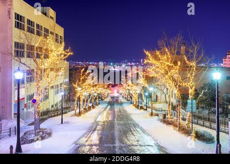 Hakodate, Hokkaido, Japan auf Hachiman-zaka Piste mit Feiertagsbeleuchtung in der Nacht. Stockfoto