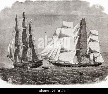 Der Sklaver, Sunny South später umbenannt Emanuela oder Manuela, Übergabe an HMS Brisk der Royal Navy vor der Küste Afrikas in 1860. Von British Warships, veröffentlicht 1940. Stockfoto