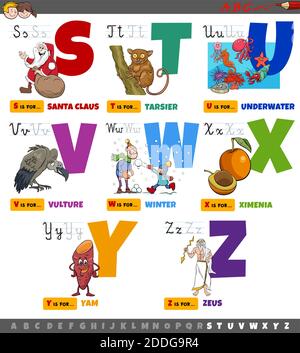 Cartoon Illustration von Großbuchstaben Alphabet pädagogischen Satz zum Lesen Und Schreibpraxis für Kinder im Grundalter von S bis Z Stock Vektor
