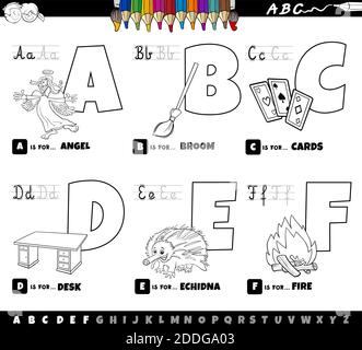 Schwarz-Weiß-Cartoon-Illustration von Großbuchstaben aus Alphabet Lernset zum Lesen und Schreiben Praxis für Kinder aus A bis F colori Stock Vektor