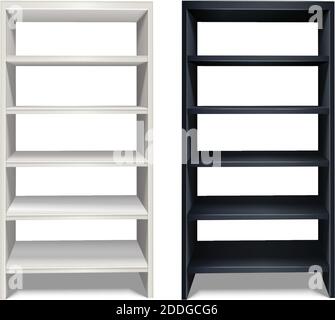 3d realistischer Vektor Regal Ständer in schwarz und weiß Farbe. Isoliert auf weißem Hintergrund. Stock Vektor