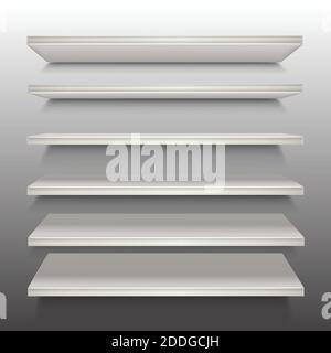 3d realistische Vektor Holzregal in weißer Farbe in Perspektive. Stock Vektor