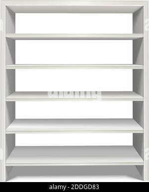 3d realistischer Vektor Regal Ständer in weißer Farbe von der Vorderansicht. Isoliert auf weißem Hintergrund. Stock Vektor