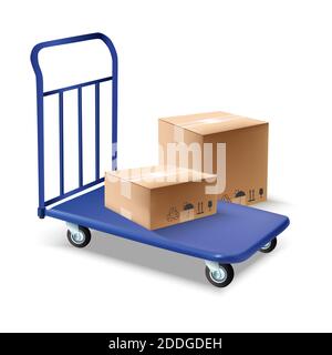 Vector 3d realistische Symbol Illustration von blauem Gepäck oder Frachtwagen mit Boxen auf sie. Isoliert auf weißem Hintergrund. Stock Vektor