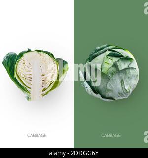 Reife grüne Kohl Kopf und es ist halb geschnitten isoliert auf Kontrastierende Hintergründe Stockfoto
