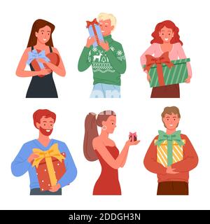 Vektor-Illustration Satz von Menschen halten Geschenke, Weihnachten Geschenk-Boxen. Glückliche Freunde nehmen und geben Geschenke. Stock Vektor