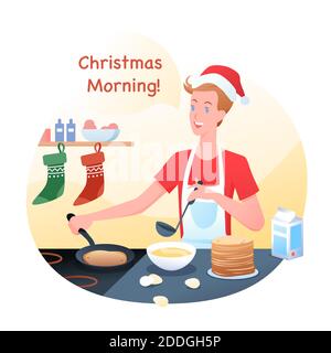 Vektor-Illustration von Kerl ist Kochen Pfannkuchen in Weihnachtshut, Winterferien zu Hause. Routine am Weihnachtsmorgen. Stock Vektor